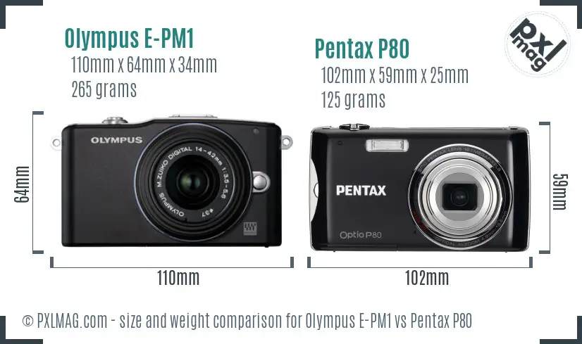 Olympus E-PM1 vs Pentax P80 size comparison