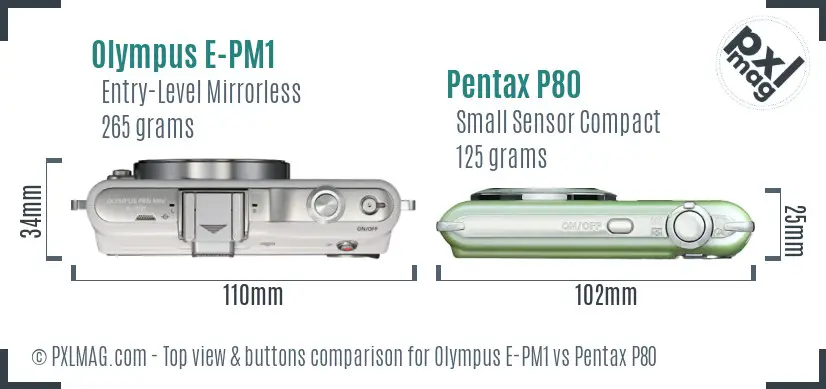 Olympus E-PM1 vs Pentax P80 top view buttons comparison