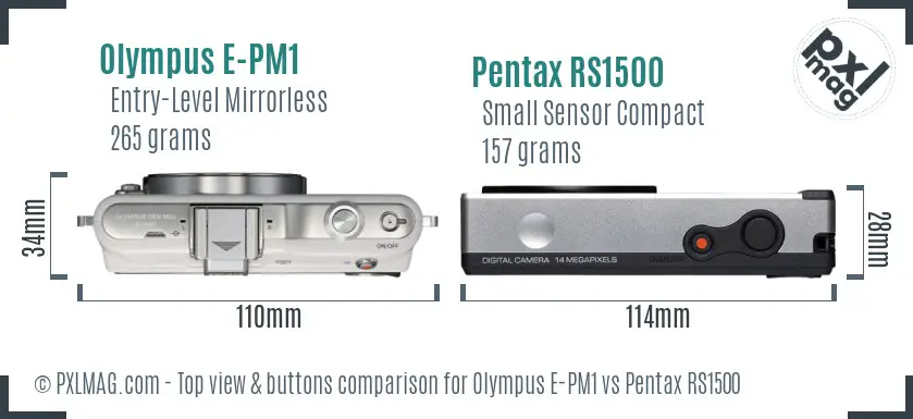 Olympus E-PM1 vs Pentax RS1500 top view buttons comparison