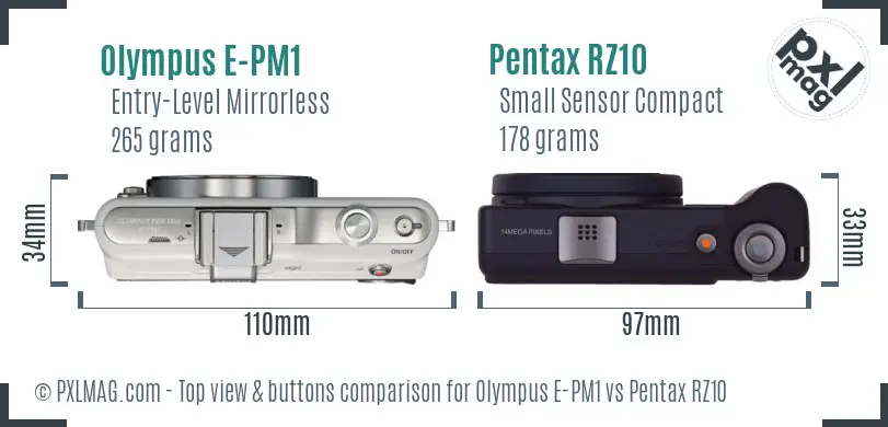 Olympus E-PM1 vs Pentax RZ10 top view buttons comparison