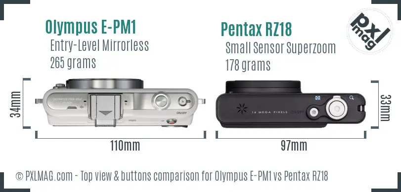Olympus E-PM1 vs Pentax RZ18 top view buttons comparison