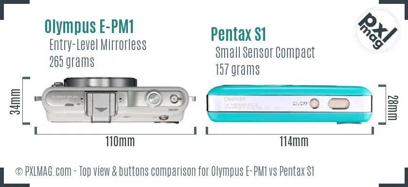 Olympus E-PM1 vs Pentax S1 top view buttons comparison