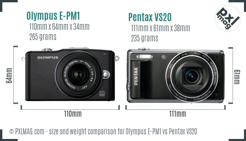 Olympus E-PM1 vs Pentax VS20 size comparison