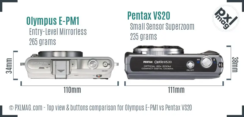 Olympus E-PM1 vs Pentax VS20 top view buttons comparison