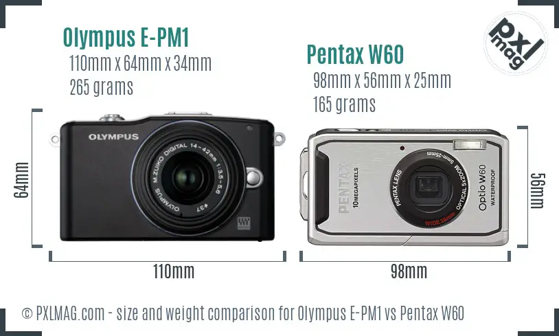 Olympus E-PM1 vs Pentax W60 size comparison