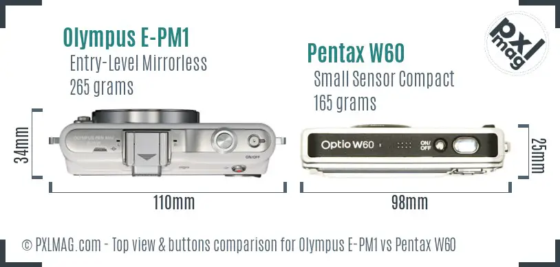 Olympus E-PM1 vs Pentax W60 top view buttons comparison