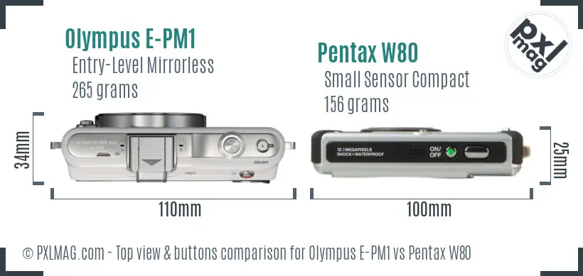 Olympus E-PM1 vs Pentax W80 top view buttons comparison
