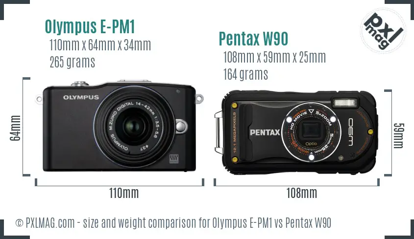 Olympus E-PM1 vs Pentax W90 size comparison