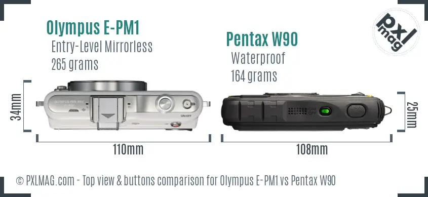 Olympus E-PM1 vs Pentax W90 top view buttons comparison