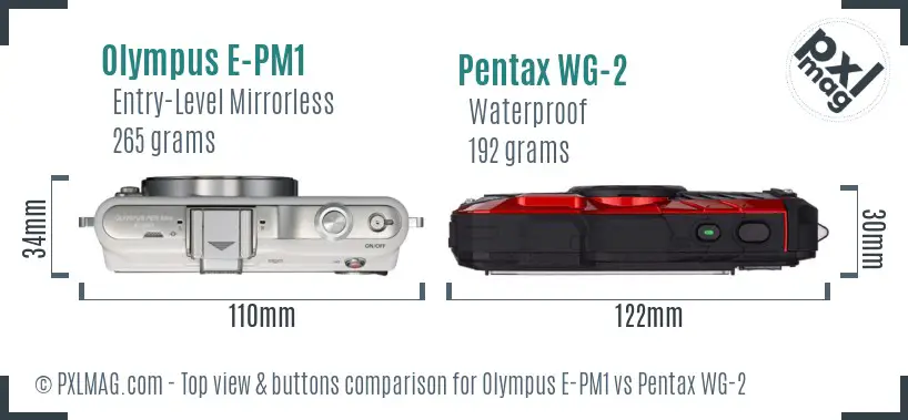 Olympus E-PM1 vs Pentax WG-2 top view buttons comparison