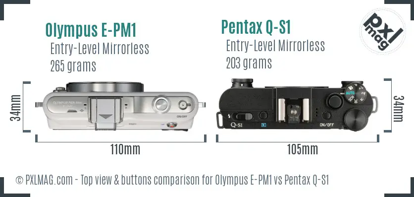 Olympus E-PM1 vs Pentax Q-S1 top view buttons comparison