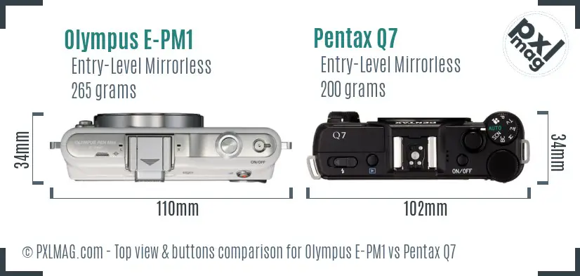 Olympus E-PM1 vs Pentax Q7 top view buttons comparison