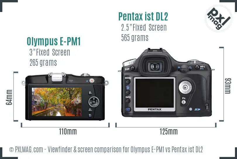 Olympus E-PM1 vs Pentax ist DL2 Screen and Viewfinder comparison