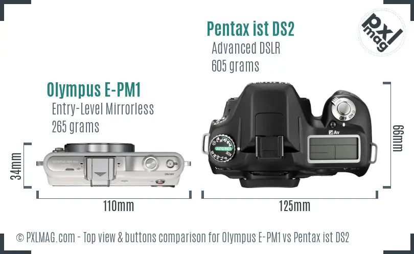 Olympus E-PM1 vs Pentax ist DS2 top view buttons comparison