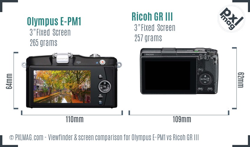 Olympus E-PM1 vs Ricoh GR III Screen and Viewfinder comparison