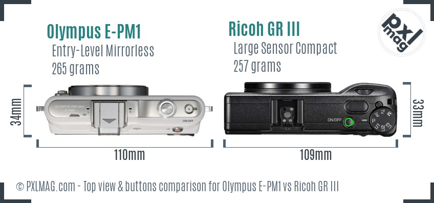 Olympus E-PM1 vs Ricoh GR III top view buttons comparison