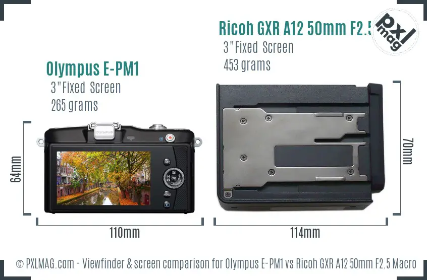 Olympus E-PM1 vs Ricoh GXR A12 50mm F2.5 Macro Screen and Viewfinder comparison