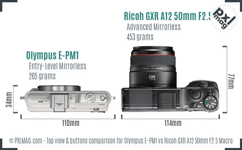 Olympus E-PM1 vs Ricoh GXR A12 50mm F2.5 Macro top view buttons comparison