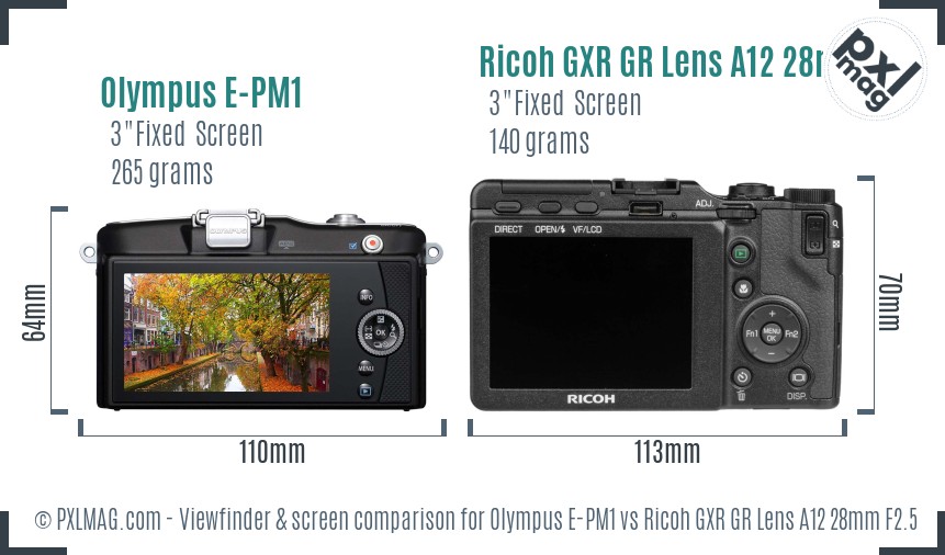 Olympus E-PM1 vs Ricoh GXR GR Lens A12 28mm F2.5 Screen and Viewfinder comparison