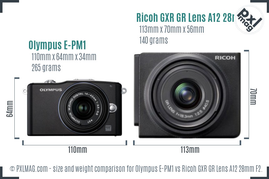 Olympus E-PM1 vs Ricoh GXR GR Lens A12 28mm F2.5 size comparison Olympus E-PM1 vs Ricoh GXR GR Lens A12 28mm F2.5 size comparison