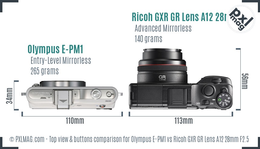 Olympus E-PM1 vs Ricoh GXR GR Lens A12 28mm F2.5 top view buttons comparison