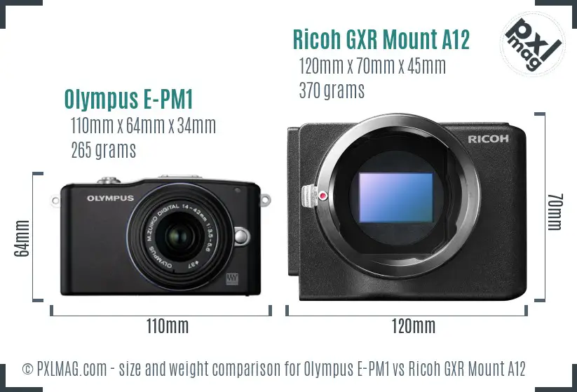 Olympus E-PM1 vs Ricoh GXR Mount A12 size comparison