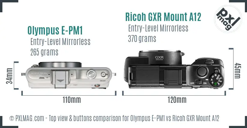 Olympus E-PM1 vs Ricoh GXR Mount A12 top view buttons comparison