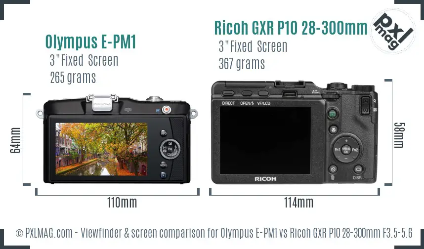 Olympus E-PM1 vs Ricoh GXR P10 28-300mm F3.5-5.6 VC Screen and Viewfinder comparison