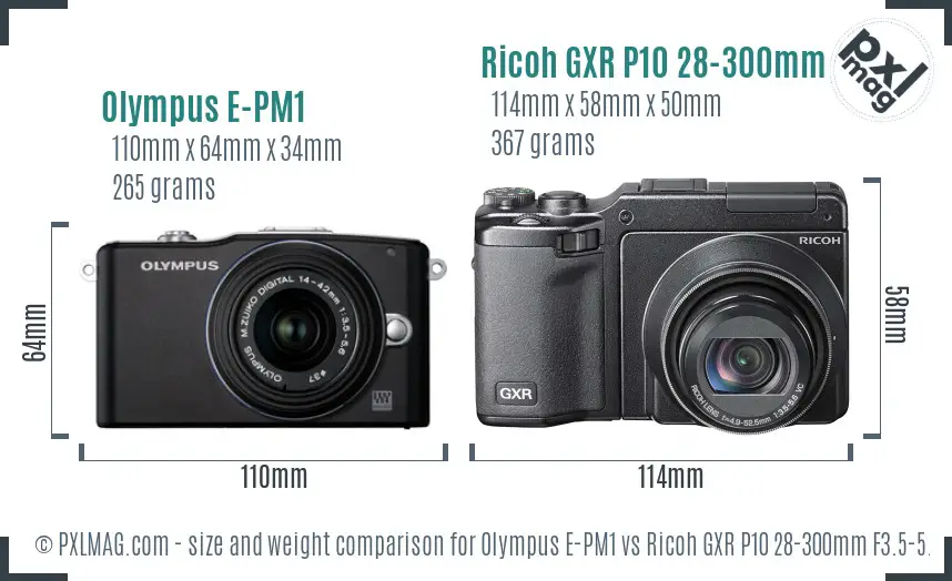 Olympus E-PM1 vs Ricoh GXR P10 28-300mm F3.5-5.6 VC size comparison