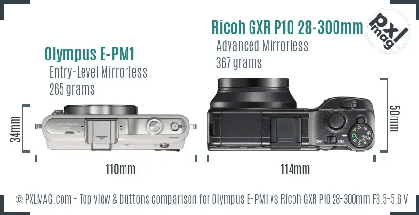 Olympus E-PM1 vs Ricoh GXR P10 28-300mm F3.5-5.6 VC top view buttons comparison