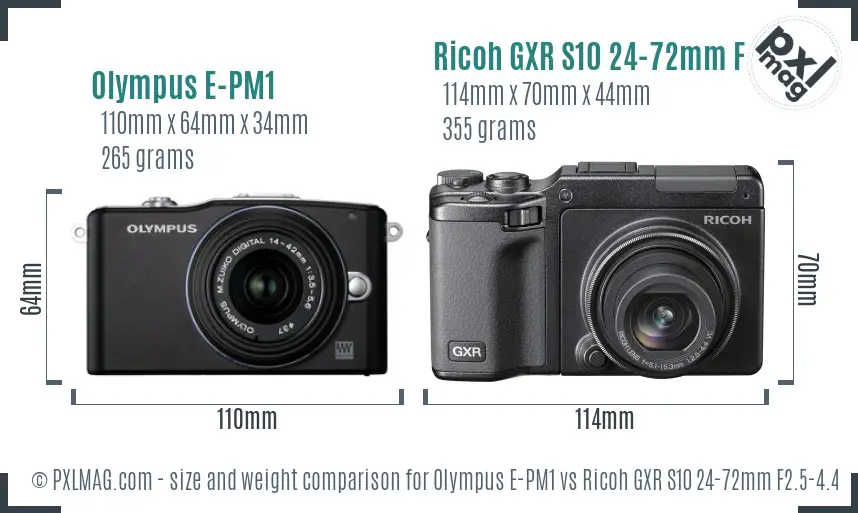 Olympus E-PM1 vs Ricoh GXR S10 24-72mm F2.5-4.4 VC size comparison