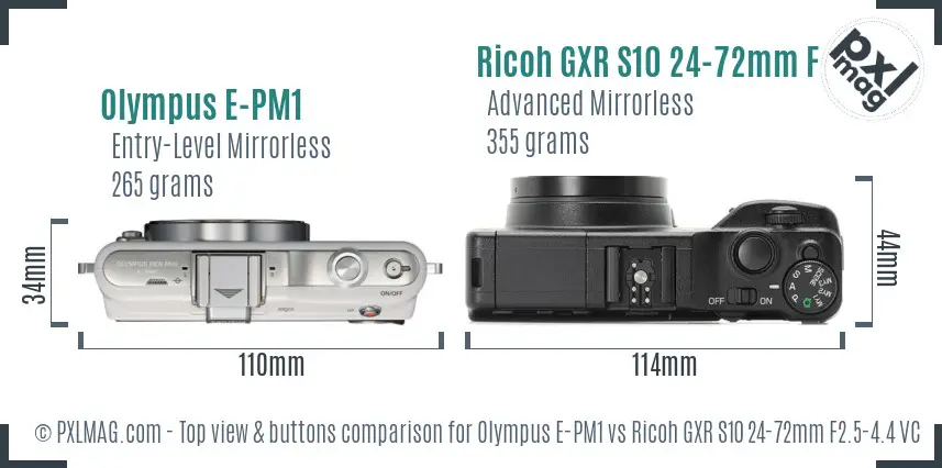 Olympus E-PM1 vs Ricoh GXR S10 24-72mm F2.5-4.4 VC top view buttons comparison
