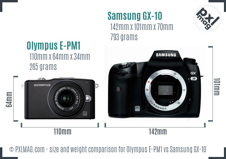 Olympus E-PM1 vs Samsung GX-10 size comparison Olympus E-PM1 vs Samsung GX-10 size comparison