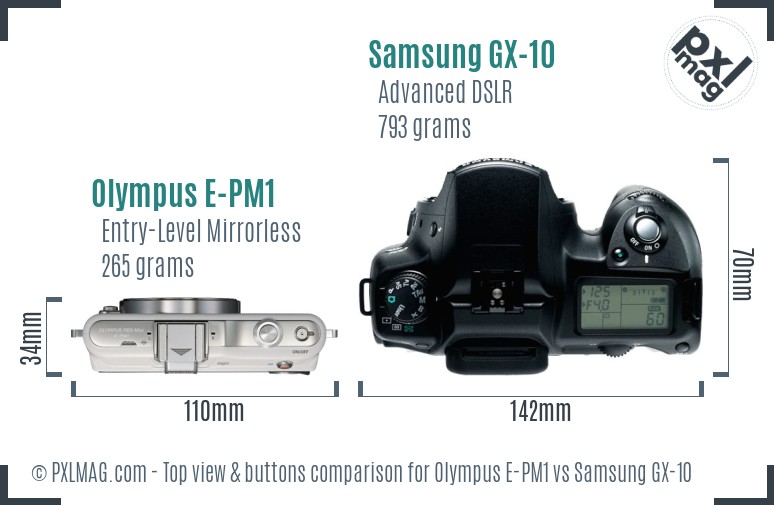 Olympus E-PM1 vs Samsung GX-10 top view buttons comparison