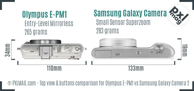 Olympus E-PM1 vs Samsung Galaxy Camera 2 top view buttons comparison Olympus E-PM1 vs Samsung Galaxy Camera 2 top view buttons comparison