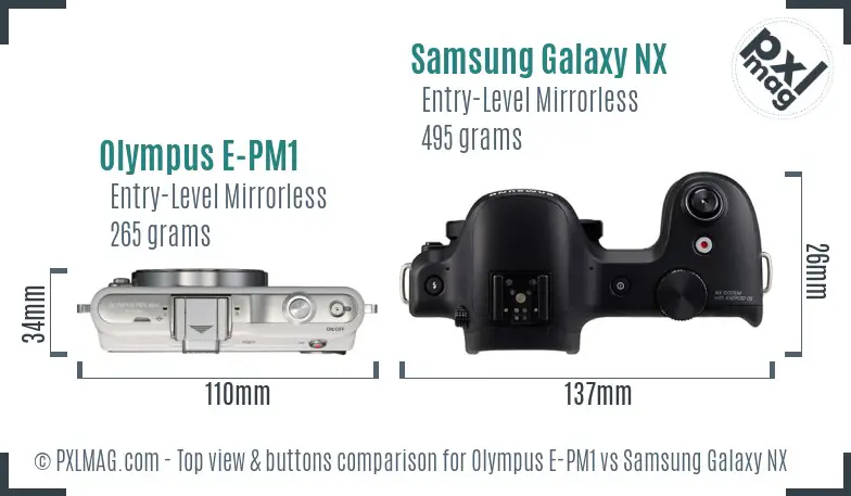 Olympus E-PM1 vs Samsung Galaxy NX top view buttons comparison