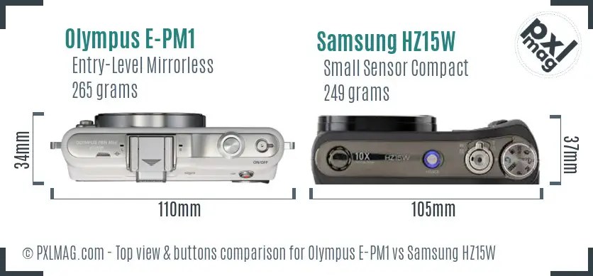 Olympus E-PM1 vs Samsung HZ15W top view buttons comparison