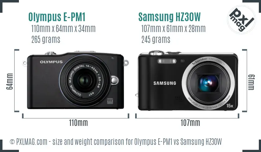 Olympus E-PM1 vs Samsung HZ30W size comparison