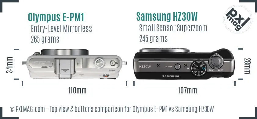 Olympus E-PM1 vs Samsung HZ30W top view buttons comparison