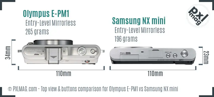 Olympus E-PM1 vs Samsung NX mini top view buttons comparison