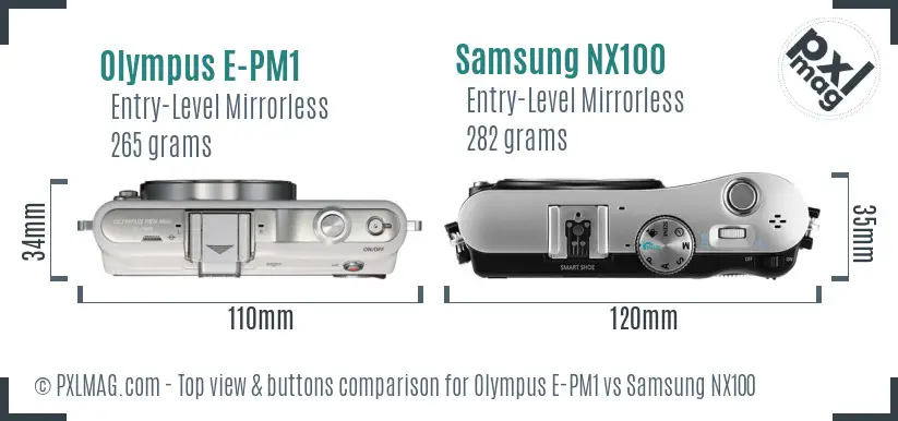 Olympus E-PM1 vs Samsung NX100 top view buttons comparison