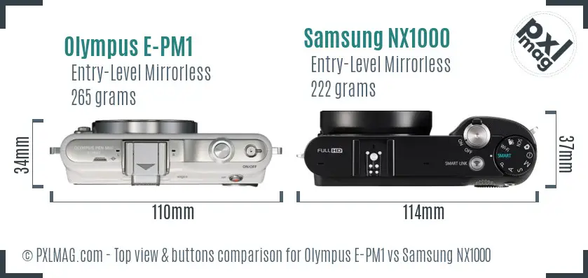Olympus E-PM1 vs Samsung NX1000 top view buttons comparison Olympus E-PM1 vs Samsung NX1000 top view buttons comparison