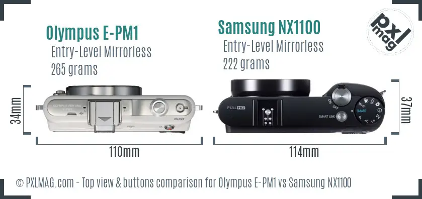 Olympus E-PM1 vs Samsung NX1100 top view buttons comparison