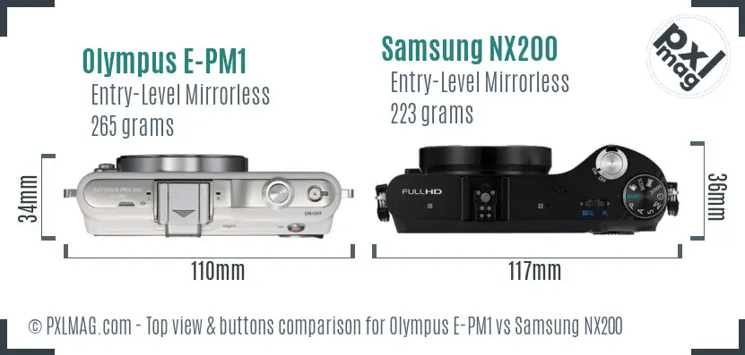 Olympus E-PM1 vs Samsung NX200 top view buttons comparison