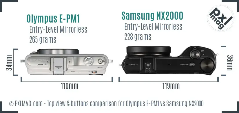 Olympus E-PM1 vs Samsung NX2000 top view buttons comparison Olympus E-PM1 vs Samsung NX2000 top view buttons comparison