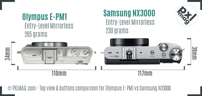 Olympus E-PM1 vs Samsung NX3000 top view buttons comparison