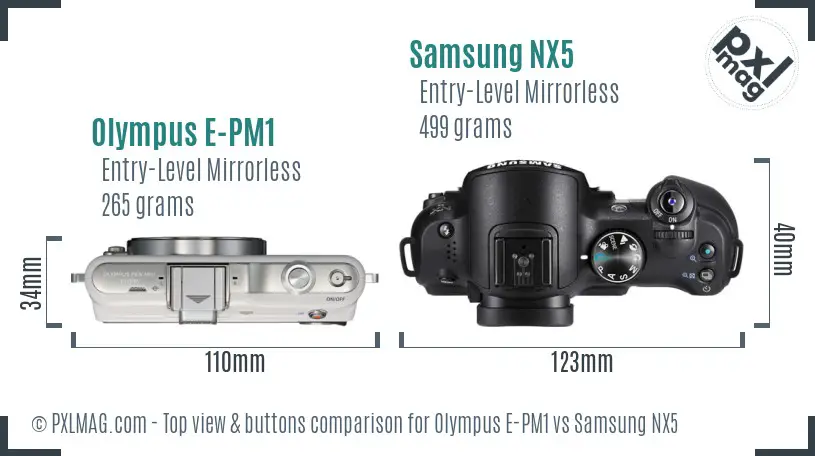 Olympus E-PM1 vs Samsung NX5 top view buttons comparison