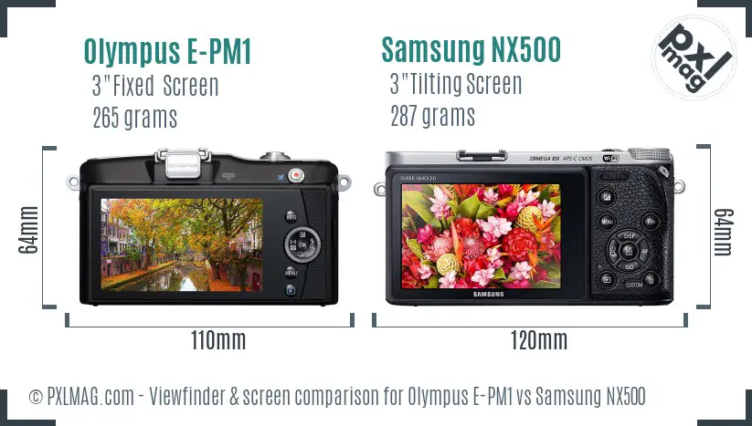 Olympus E-PM1 vs Samsung NX500 Screen and Viewfinder comparison
