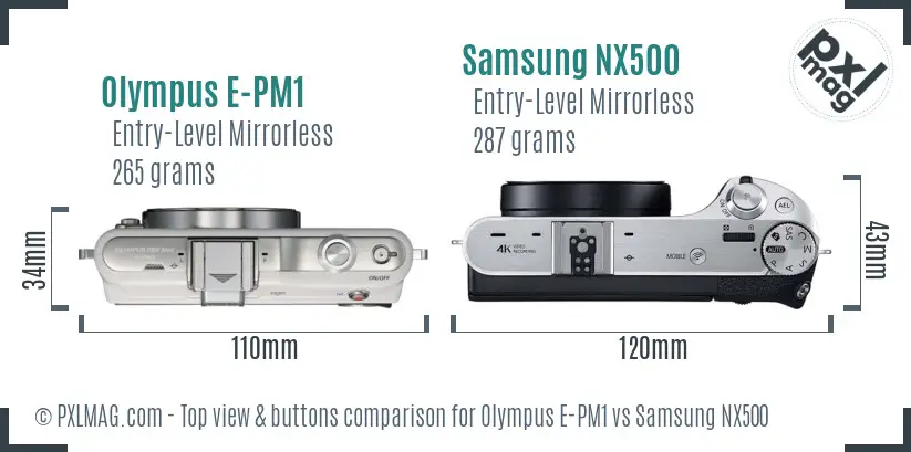 Olympus E-PM1 vs Samsung NX500 top view buttons comparison