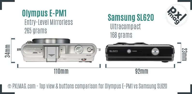 Olympus E-PM1 vs Samsung SL620 top view buttons comparison